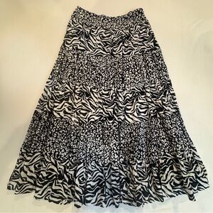 Vintage 90s Y2K Black & White Animal Print Patterned Tiered Maxi Skirt, Boho
